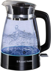 Carafe Style 1.7L Cordless Electric Glass Kettle with Black Handle, Lid & Base and Blue Internal Illumination (Fast Boil, 3KW, Anti-Scale Filter, Pull off Lid, Unique Glass Spout) 26080