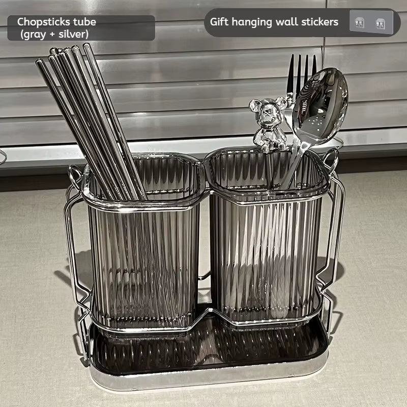 Wall Mounted Kitchen Cutlery Organizer Light Luxury Chopstick Spoon Holder Stainless Steel Utensil Drying Rack
